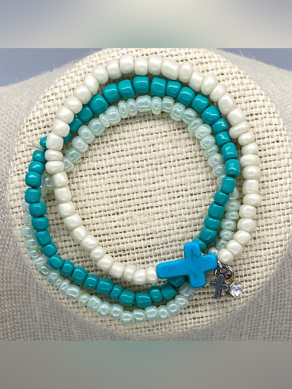 Blue Cream Cross Beaded Bracelets Boho Fall Eclectic Southwestern Festival